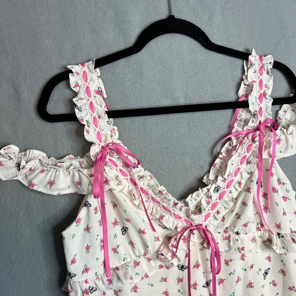 Betsey Johnson Forever 21 Dress Sz L White Floral Butterfly Coquette Ruffle NWT - Picture 7 of 12